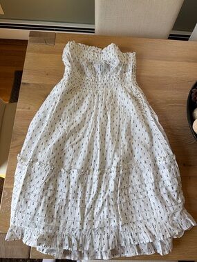 Truth White Smocked Strapless Sundress with Black Dot Print